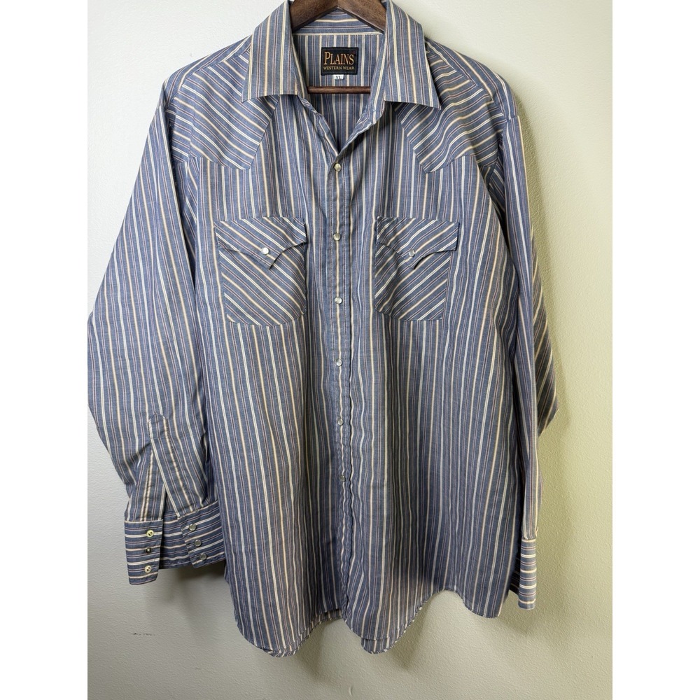 Vintage Plains Western Wear Shirt Mens XL‎ Blue Pearl Snap Striped Long Sleeve